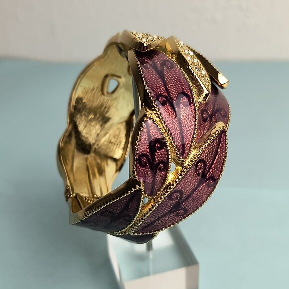 Exquisite Statement Enamel Leaf Shape Open Hinged Cuff Bangle Bracelet P… - Picture 11 of 15